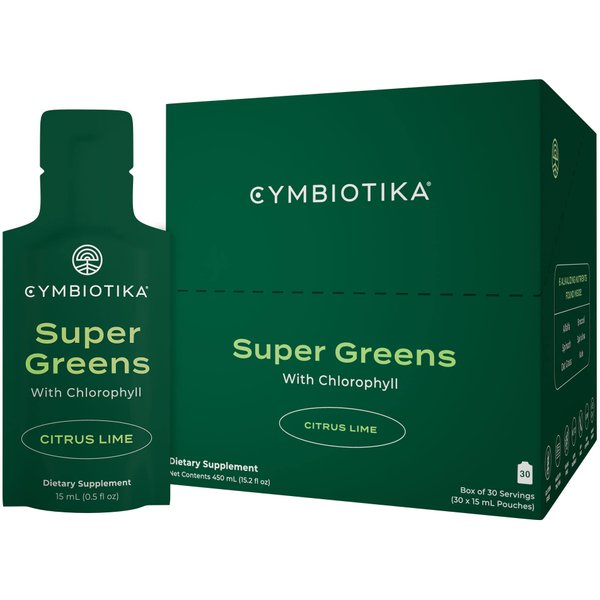 CYMBIOTIKA Super Greens Supplement with Chlorophyll, Spirulina, Daily Vegan Superfood Packets for Digestive Gut Health, Detox, Energy and Immune Support, Citrus Lime Flavor, 15 mL Pouches, 30 Pack