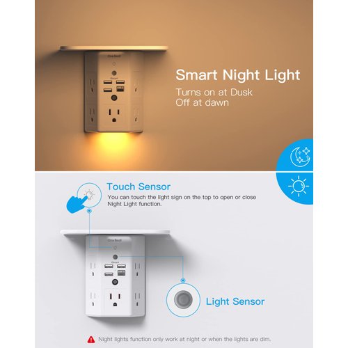 Multi Plug Outlets, Wall Outlet Extender with Night Light and Outlet Shelf, Surge Protector 4 USB Ports(1 USB C), USB Wall Charger Power Strip Electric Outlet Splitter for Home Office
