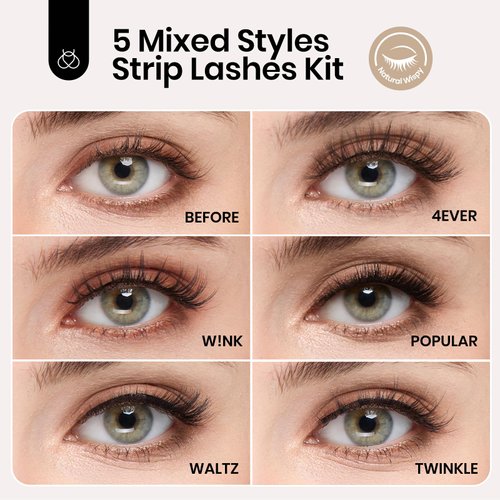 Beetles Easy Lashes False Eyelashes Essential Collection 5 pairs of Mixed Super Natural with tweezers Wispy Fluffy Fake Lashes for Women Strip Lashes Eyelash Extension Kit Faux Mink Eyelashes 14 mm 3D
