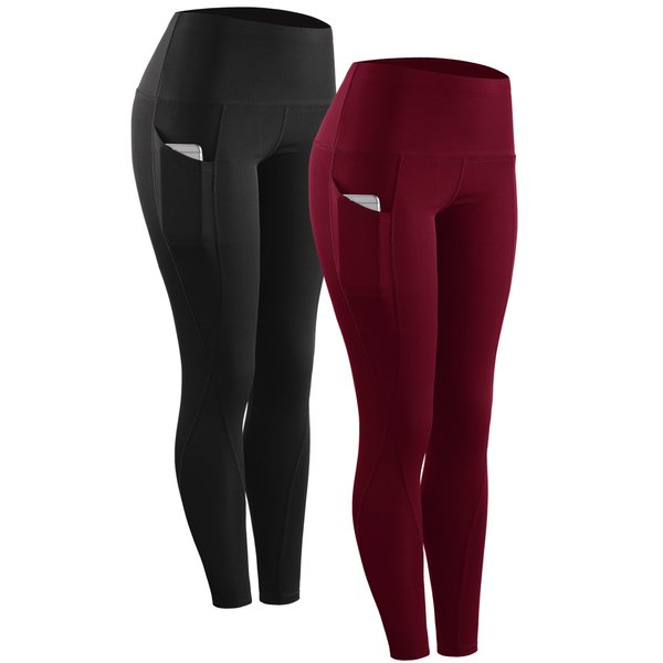 NELEUS 2 Pack Tummy Control High Waist Running Workout Leggings,9017,Black,Red,2XL,EU 3XL