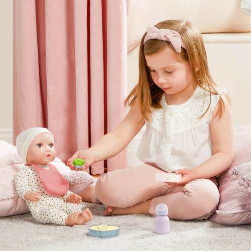 Lullababy – Pretend Food Set – 10-Pc Meal Time Accessories – Bib, Spoon & Cloud Food Container – Imaginative Play – Toys for Kids Ages 2 & Up – Baby Doll Feeding Set