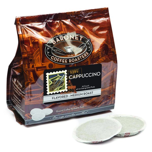 Baronet Coffee Pods [Cappuchino Coffee -54 Pods] Single Cup Use Like Senseo Coffee Pods- 3 Bags of 18 Single Serve 8 Gram Pods, Regular Strength Soft Coffee Pods, Medium Roast [Cappuchino]