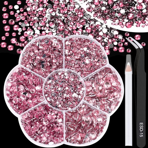 BELICEY 6000Pcs Resin Crystals Rhinestone Kit Light Pink 2/3/4/5/6mm Flatback Rhinestones Round Gems Beads with Tweezers and Picking Pen for Manicure DIY Crafts Clothes Bags Tumblers Decoration