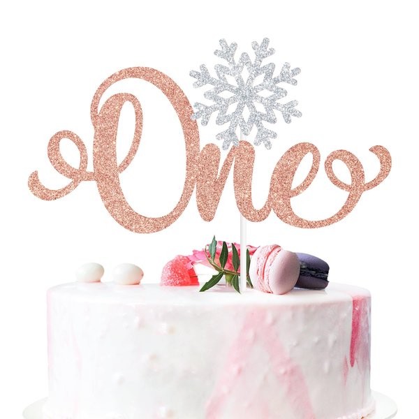 Rose Gold Glitter Snowflake One Cake Topper, A little Snowflake is on the Way/Our Winter Onederland, Winter Baby's 1st Birthday Baby Shower Party Decorations Supplies