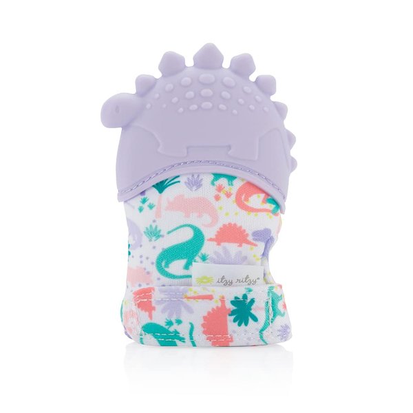 Itzy Ritzy Silicone Teething Mitt - Soothing Infant Teething Mitten w/Adjustable Strap, Crinkle Sound, Textured Silicone, Soothes Sore & Swollen Gums, Baby Teething Toy for 3 Mos +, Purple Dinosaur