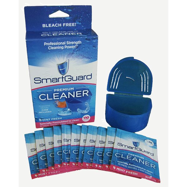 SmartGuard Premium Cleaner Crystals & Cleaning Case -(110 Cleanings)- Removes Stain, Plaque, & Bad Odor from Clear Braces, Dentures, Night Guards, Mouth Guard, & Retainers.