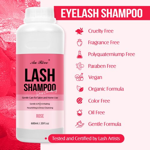 AuReve Lash Shampoo Bulk for Lash Extensions 600 Ml/20fl.oz Eyelash Extension Cleanser Oil Free Lash Cleanser for Eyelash Care, Gentle Foaming Eyelash Shampoo for Salon Home Care (Rose 600ml)