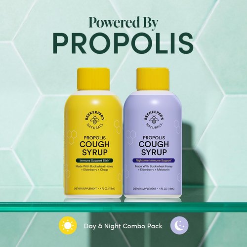 Beekeeper's Naturals Propolis Honey Cough Syrup – Adult Daytime & Nighttime Value Pack – Elderberry, Bee Propolis, Buckwheat Honey – Immune Support & Throat Soothing, Two Pack, 2 x 4 fl oz