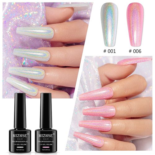 MIZHSE Holographic Gel Nail Polish, Chrome Gel Nail Polish, Galaxy Glossy Chameleon Nail Lacquer Glitter Gel Polish Set, Sparkle Laser Gel Polish Nail Art Salon at Home Gift Set