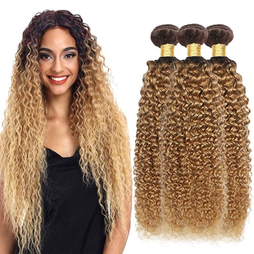 14 16 18 Inch Ombre Honey Blonde Human Hair Bundles T4/27 Kinky Curly Bundles 2 Tone Brown and Honey Blonde Bundles Unprocessed Brazilian Virgin Human Hair Extensions For Woman 100g/Pc