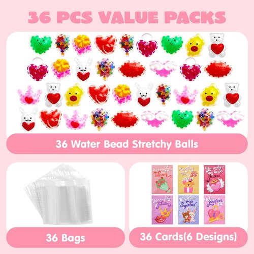 JOYIN 36 Packs Valentine’s Day Mochi with Heart Gift Cards, Mini Critter Squeeze Balls, Stress Fidget Relief, Valentine‘s Party Favors, Exchange Gifts