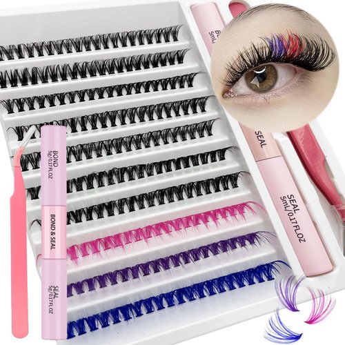 Colored Lash Extension Kit 200pcs 10-15mm 40D DIY Lash Clusters with Lash Bond and Seal & Lash Tweezers Individual Lashes D Curl Eyelash Extension Kit for Self Application at Home (COLORED 40D KIT)
