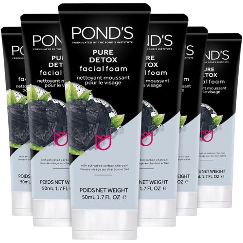 Pond's Face Cleanser - Pure Detox, Facial Foam, Activated Charcoal Face Wash with Skin-Brightening Niacinamide, Moringa Extract, and Green Tea for Deep Cleansing, Glowing Skin, 1.7 Oz (Pack of 6)