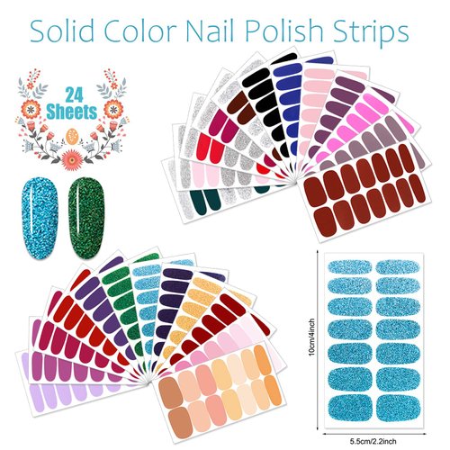 JERCLITY 336 Pieces 24 Sheets Glitter Solid Color Nail Polish Strips Glitter Nail Wraps for Short Nails with Nail File Self-Adhesive Colorful Nail Stickers Full Nail Wraps for Women Girls Nail Art