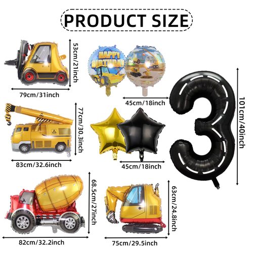 Construction 3rd Birthday Party Decorations, 9pcs Construction Birthday Number Foil Balloon for Construction Trucks 3rd Birthday Construction Theme Party Supplies (3rd)