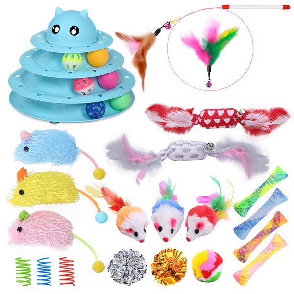 UPSKY 24 PCS Cat Toys, 3-Level Turntable Kitten Toys Set, Interactive Cat Roller Toys for Indoor Cats, Catnip Toys, Cat Teaser Toys, Mice Toys, Spring Toys, Various Ball Toys for Kitty.