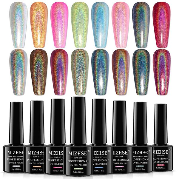 MIZHSE Holographic Gel Nail Polish, Chrome Gel Nail Polish, Galaxy Glossy Chameleon Nail Lacquer Glitter Gel Polish Set, Sparkle Laser Gel Polish Nail Art Salon at Home Gift Set