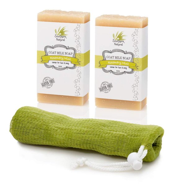 Southern Natural Goat Milk Soap Bar - 2 Pack Rosemary Mint - Gentle For Dry Sensitive Skin. For Face & Body. 4-4.5 oz Bars With Bonus Soap Sock.