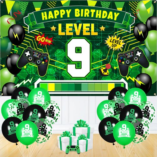 Level 9th Birthday Video Game Party Decorations Green Black Happy 9th Birthday Level Up Banner with 18Pcs Level 9 Game Theme Balloons for Boys Girls Game Party 9 Years Old Birthday Party Supplies