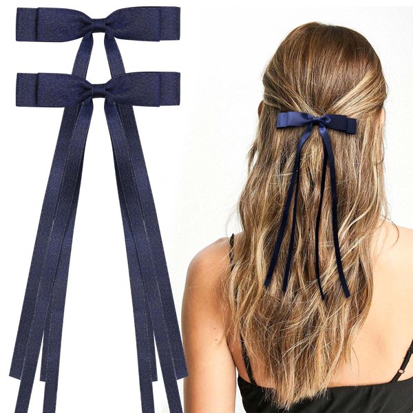 VOBOBE 2PCS Hair Bows for Women Girls, Tassel Glitter Ribbon Bowknot Hair Clips Barrettes for Girl with Small Long Tail Solid Satin Hair Accessories (Navy)