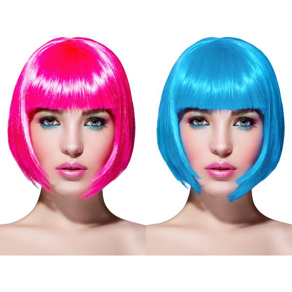 WILLBOND 2 Pieces Short Bob Hair Wigs Colorful Cosplay Costume Wig Party Hairpiece for Women Girls Daily(Pink, Blue)