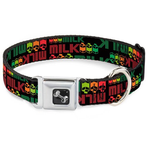 Dog Collar Seatbelt Buckle Milk Cartoons Black Multi Color 15 to 26 Inches 1.0 Inch Wide