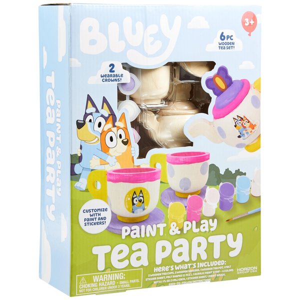 Bluey Paint & Play Tea Party, 6-Piece Wooden Tea Set, Customize with Paint & Bluey Stickers, 2 Wearable Crowns, Fun Toys for Kids, Cute Birthday Party Decorations, Pretend Play Tea Party, Bluey Toys