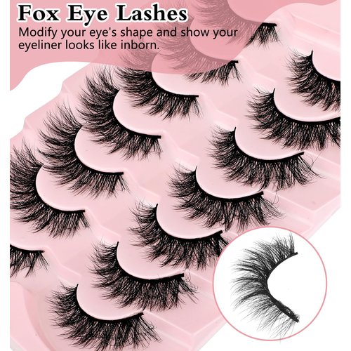 Cat Eye Lashes, Mink Cat Eye Eyelashes 7 Pairs Lashes Wispy Fluffy 18mm Natural Look 3D Volume D Curl Strip Lashes Pack