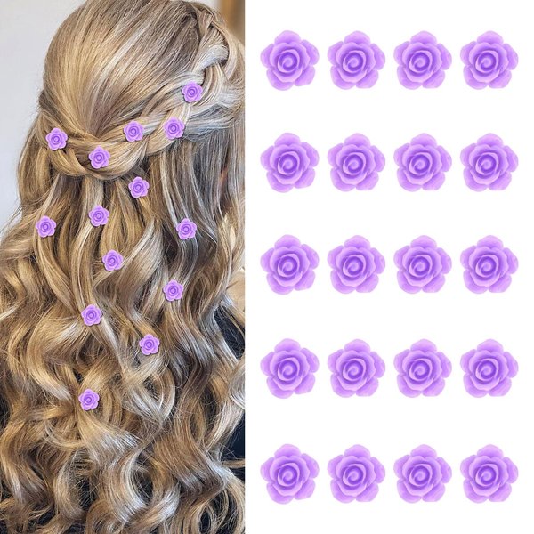 YISSION 20Pcs Mini Flower Hair Clips for Girls Women Cute Hair Pins Small Hair Clips Rose Flower Clips for Hair Wedding Hair Barrettes Bridal Hair Accessories for Girls Women Purple