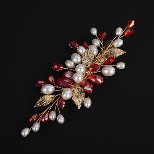BERYUAN Pearls Red Crystal Leaves Hair Clips Crystal Rhinestone Pearls Hairpiece Wedding Leaves Rhinestone Pearls Comb Clips Wedding Bridal Hair Clips for Wedding Women Girls (red)