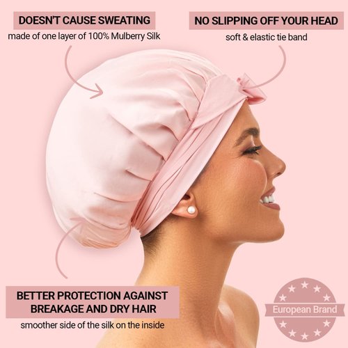 Silk Bonnet 100% Mulberry Silk Sleep Cap Breathable & Adjustable Sleeping Caps Silk Hair Wrap Women Night Cap for Curly Hair (Pink)