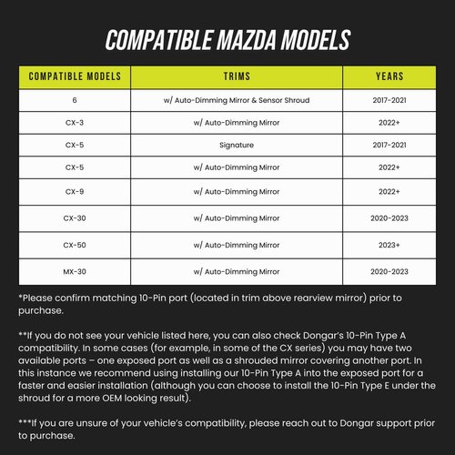 Dongar Dashcam Power Adapter (10-pin Type E) for Select Mazda Vehicles. Compatible with 2017+ CX5, CX9 and More. Connects to Rearview Mirror, Built-in USB Power Source, Easy to Install