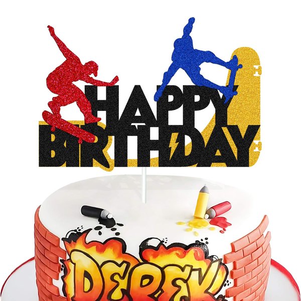 Skateboard Cake Topper Happy Birthday Sign Cake Decorations for Skateboarding Sport Movement Themed Kids Boy Girl Birthday Party Supplies Glitter Black Decor