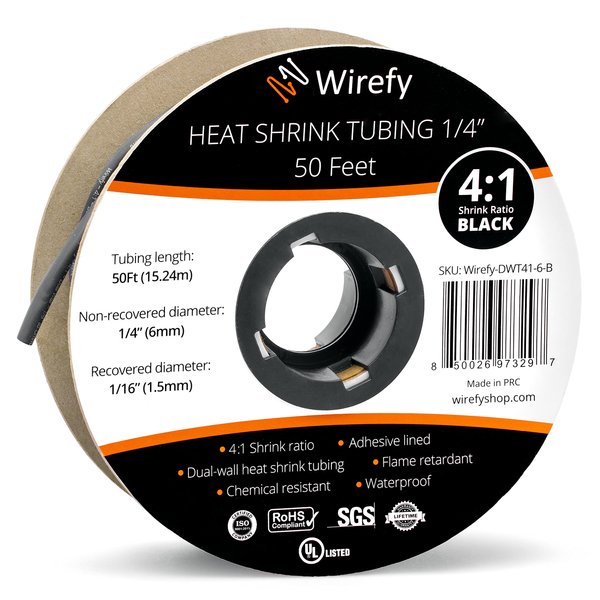 Wirefy 1/4" Heat Shrink Tubing - 4:1 Ratio - Adhesive Lined - Marine Grade Heat Shrink - 50 Feet Roll - Black