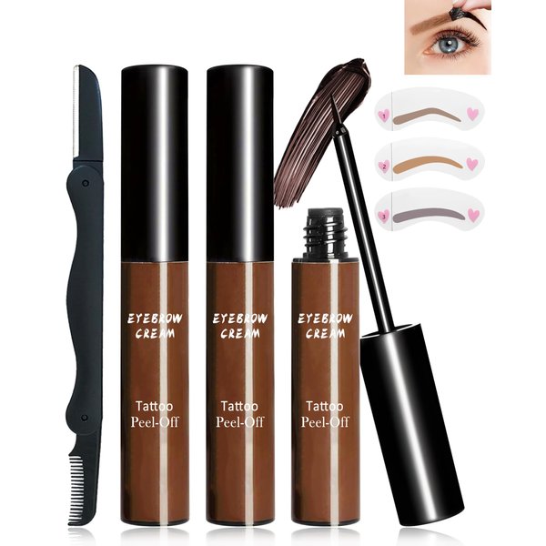 2Pcs Peel Off Tattoo Eyebrow Gel Set- Light Brown Eyebrow Tattoo Peel Off Tinted Brow Gel, Last Up to 3 Days, Waterproof Eyebrow Tattoos Gel, Peeling Eye Brow Makeup Gel with Brow Stencils & Razor-02