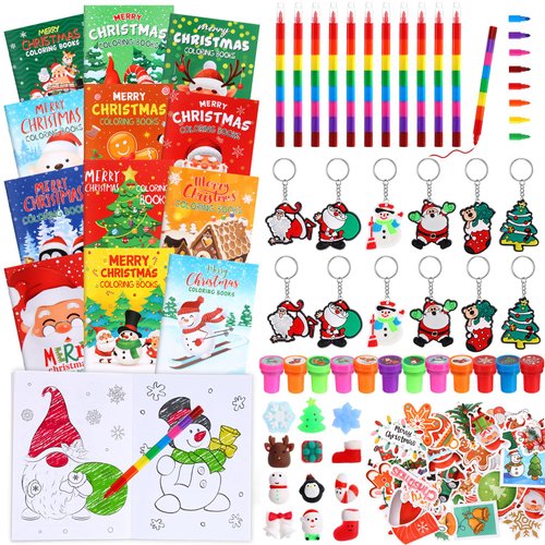 Seajan 110 Pcs Christmas Party Favors Holiday Assorted Classroom Gifts Exchange Prizes Goodie Bags Stuffers Bulk Xmas Coloring Books Crayons Keychains Stamps Stickers School Activities Supplies