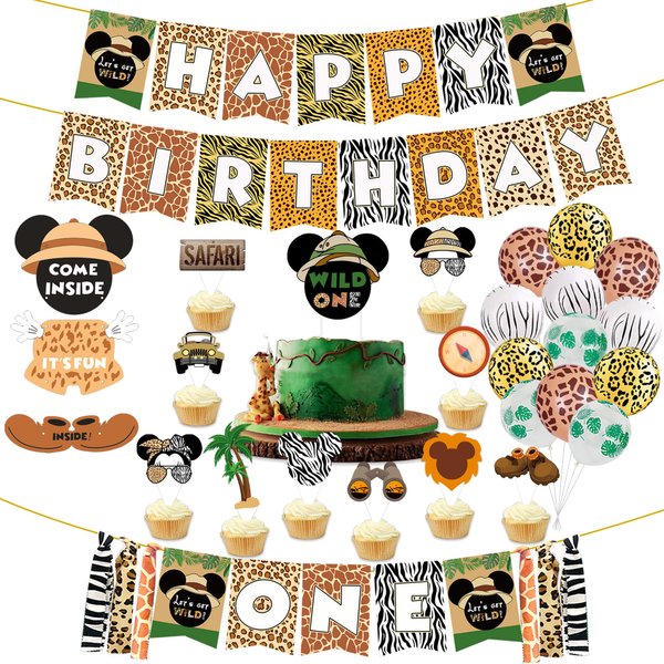 Mickey Safari 1st Birthday Party Supplies, Mickey Safari Happy Birthday Banner, Mickey Safari ONE Highchair Banner, Mickey Safari WILD ONE Cake Topper,10 Pcs Cake Topper 12 Pcs Latex Balloons for Baby Boy Girl ONE Birthday Party Decorations.