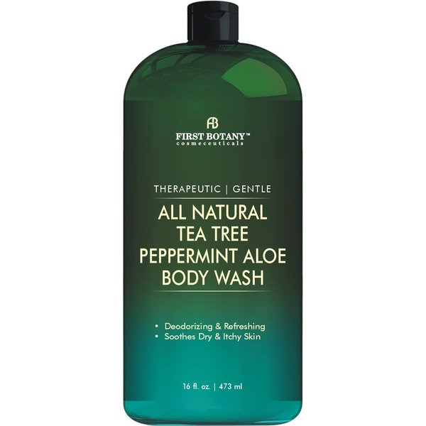 First Botany, ALL Natural Body Wash - Fights Body Odor, Athleteâ€™s Foot, Jock Itch, Nail Issues, Dandruff, Acne, Eczema, Shower Gel for Women & Men, Skin Cleanser -16 fl oz (Tea Tree Mint)