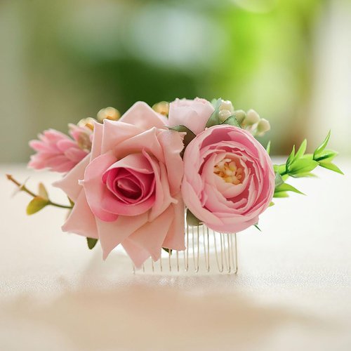 Fangsen Wedding Bridal Pink Flower Hair Comb Clips Wedding Floral Headpiece Hair Accessories
