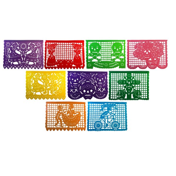 Paper Full of Wishes Regular Size Plastic Day of the Dead Papel Picado Banner I Un Dia de Memoria I Decorations for Dia De Los Muertos I Banner has 9 Regular Panels and is over 14ft Hanging