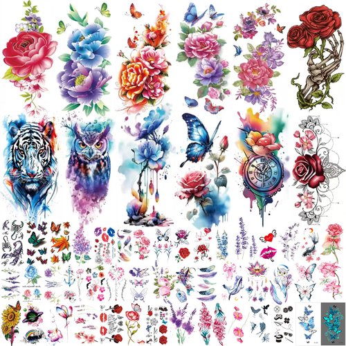 72 Sheets Temporary Tattoos - 12 Sheets Half Arm Fake Tattoos, 60Sheets Tiny Small Fake Tattoos Stickers Realistic, Including Butterflies, Flowers, and Animals Temporary Tattoos for Adults and Women