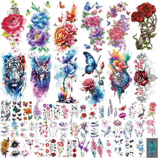 72 Sheets Temporary Tattoos - 12 Sheets Half Arm Fake Tattoos, 60Sheets Tiny Small Fake Tattoos Stickers Realistic, Including Butterflies, Flowers, and Animals Temporary Tattoos for Adults and Women