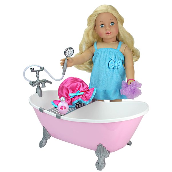Sophia's Classic White Clawfoot Bathtub with Handheld Shower Head and Faucet Furniture Accessories Set for 18" Dolls, Light Pink and Blue Accessories Set