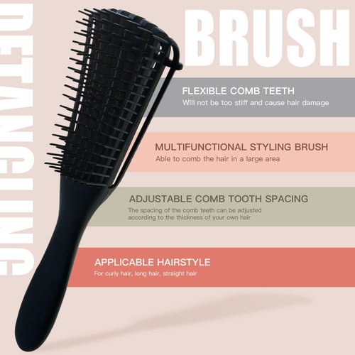 5 Pcs Detangling Brush Set Cushion Nylon Bristle Shampoo Brush Dual Edge Brush Teasing Brush Styling Comb (Black-1)