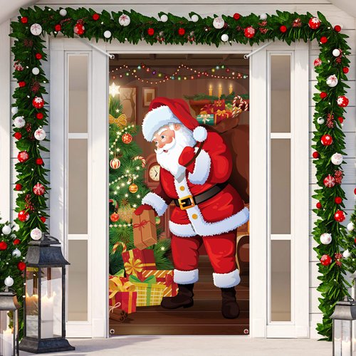 Merry Christmas Door Cover Christmas Hanging Banner Santa Door Cover Cloth Polyester Xmas Door Cover Christmas Door Decorations for House Wall Door Winter Holiday Party Supplies, 70.9 x 35.4 Inches