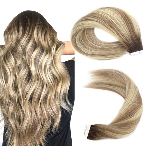 Sassina Tape in Hair Extensions Rooted Brown to Blonde Soft Invisible Seamless Skin Weft Tape in Human Hair Extensions 18 Inch Double Side Reusable Tape in Extensions 50gram 20pcs/Set