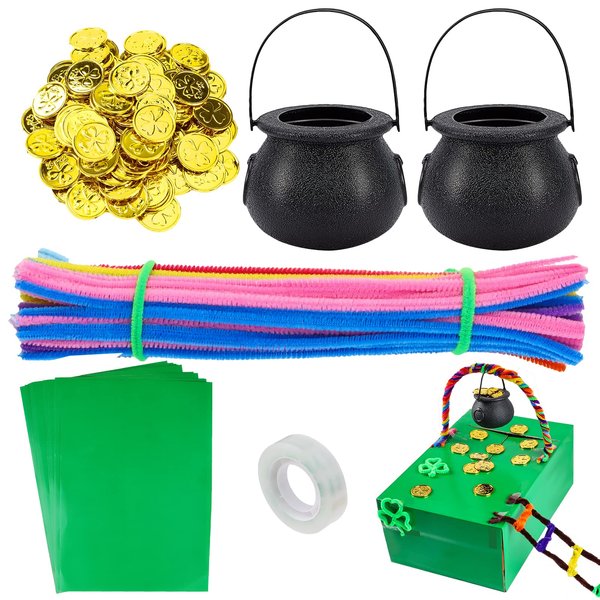 DIY Leprechaun Trap Kit for St. Patrick's Day, Including 50pcs Shamrock Glod Coins,100pcs Multi-Color Pipe Cleaners,2pcs Candy Cauldron Kettles,15Pcs Green Adhesive Paper