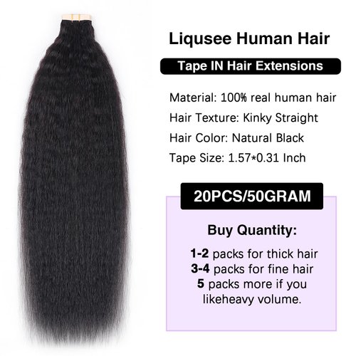 Liqusee Kinky Straight Tape In Hair Extensions Human Hair 100% Remy Hair Natural Black 18 inch 20pcs 50g/Pack Double Sided Seamless Skin Weft Tape ins Real Human Hair Extensions for Black Women