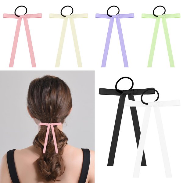 Ondder 6 Pcs Bow Hair Ties Hair Bows for Women Cute Hair Ties with Bows Sation Bow with Long Tails Ribbon Bows for Thin Thick Hair Aesthetic Hair Accessories for Women Girls
