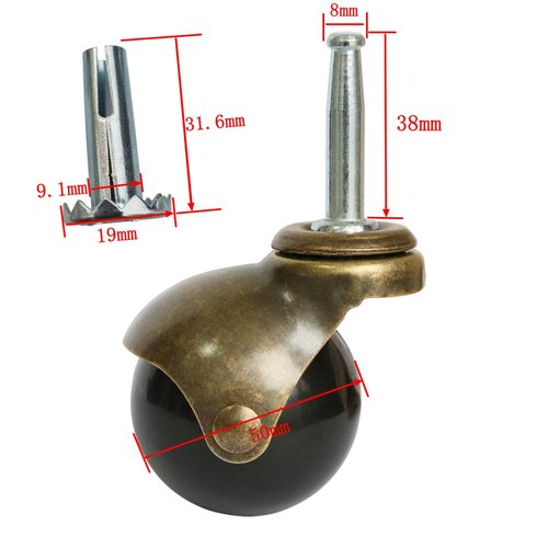 MySit 2" Ball Casters Wheels for Furniture Casters Set of 4, Antique Copper Gold Ball Caster with 5/16" x 1-1/2" (8 x 38mm) Mounting Stem Sleeve Socket Insert Replacement for Sofa Chair Cabinet